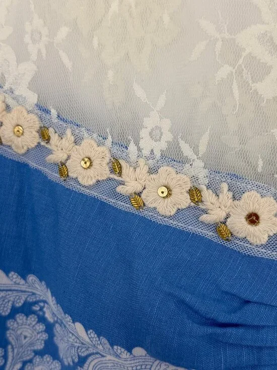 VTG Free People Crystallized Linen Crochet Lace Yoke Paisley Mini Shift Dress 10 - Picture 15 of 16